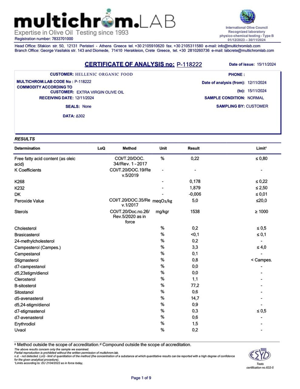 Oliwa z oliwek niefiltrowana Koronida max 0.3% 5 l